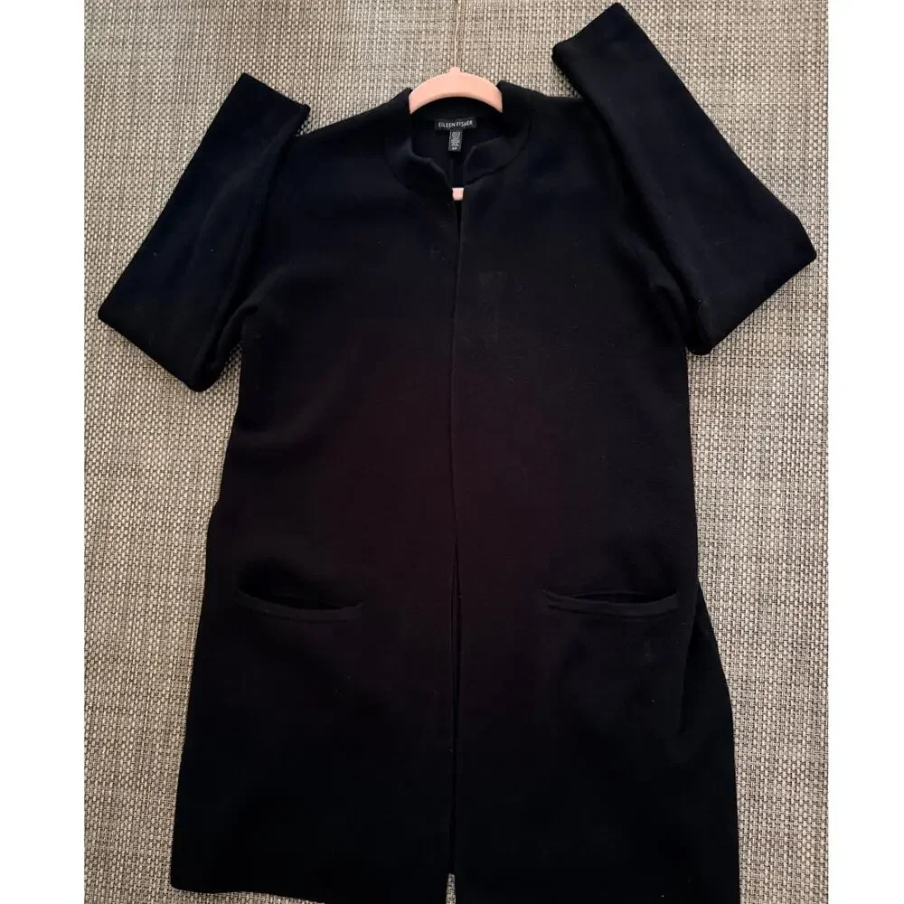 EILEEN FISHER Wool Open Front Cardigan Sweater Jacket Pockets S Black Academia